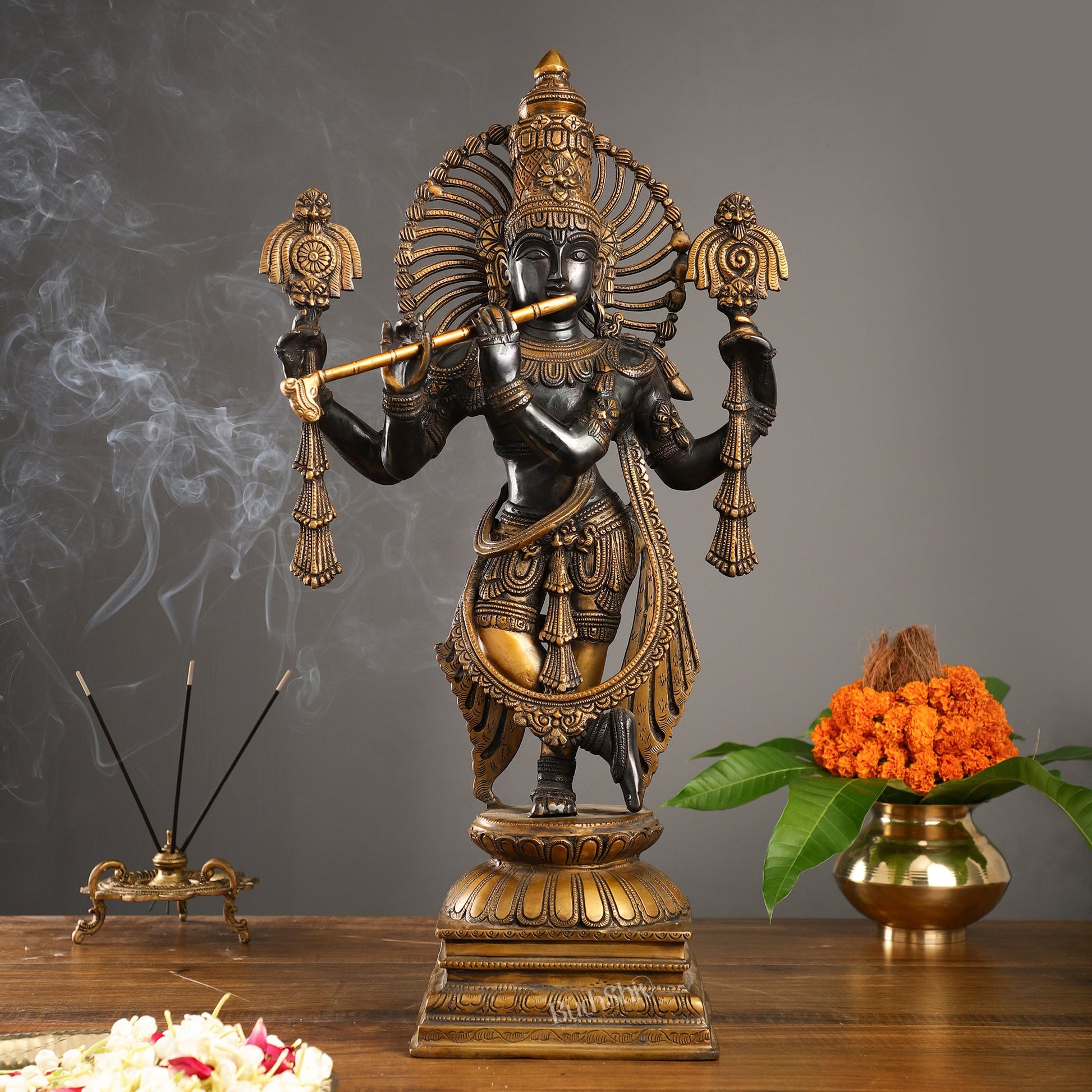 Brass Krishna Charbhuja Statue | Black | Height 24 Inch - Budhshiv.com