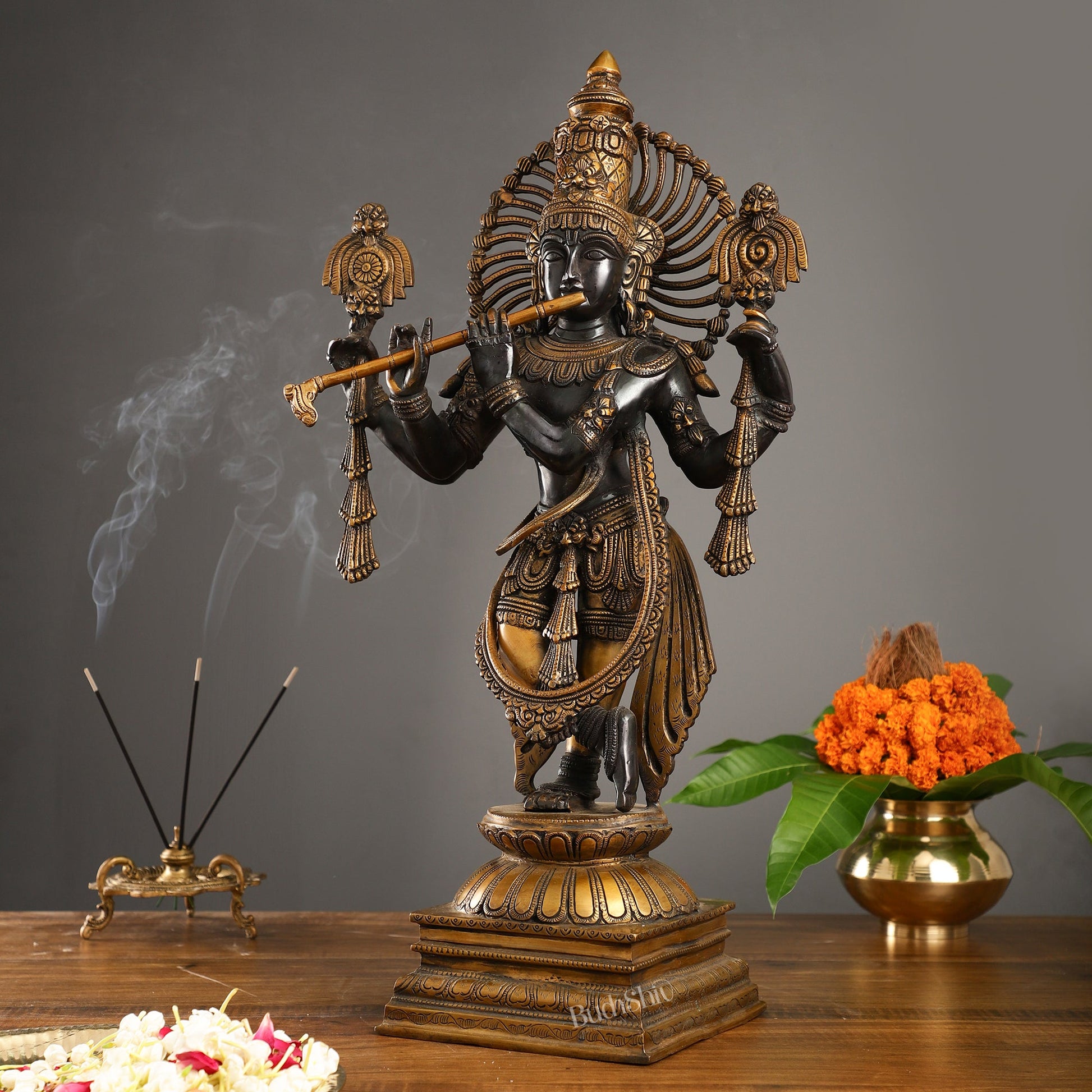 Brass Krishna Charbhuja Statue | Black | Height 24 Inch - Budhshiv.com