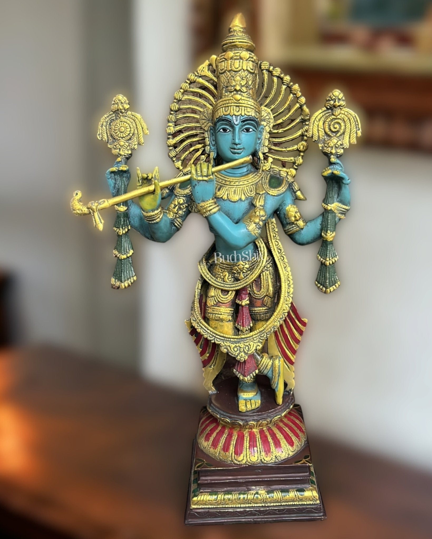 Brass Krishna Charbhuja Statue | Blue | Height 24 Inch - Budhshiv.com