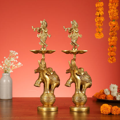 Brass Krishna idol with Jumping Elephant Lamp - 16" - Budhshiv.com