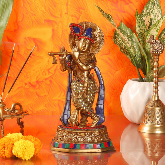 Brass Krishna Idol with Meenakari Artwork | Height 10 Inch - Budhshiv.com