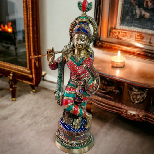 Brass Krishna Statue 3 feet with stonework - Budhshiv.com