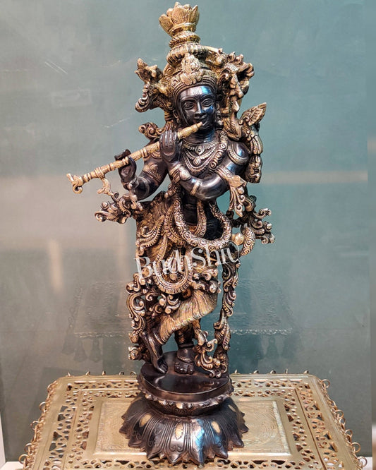 Brass krishna statue on lotus base 26" Black gold - Budhshiv.com