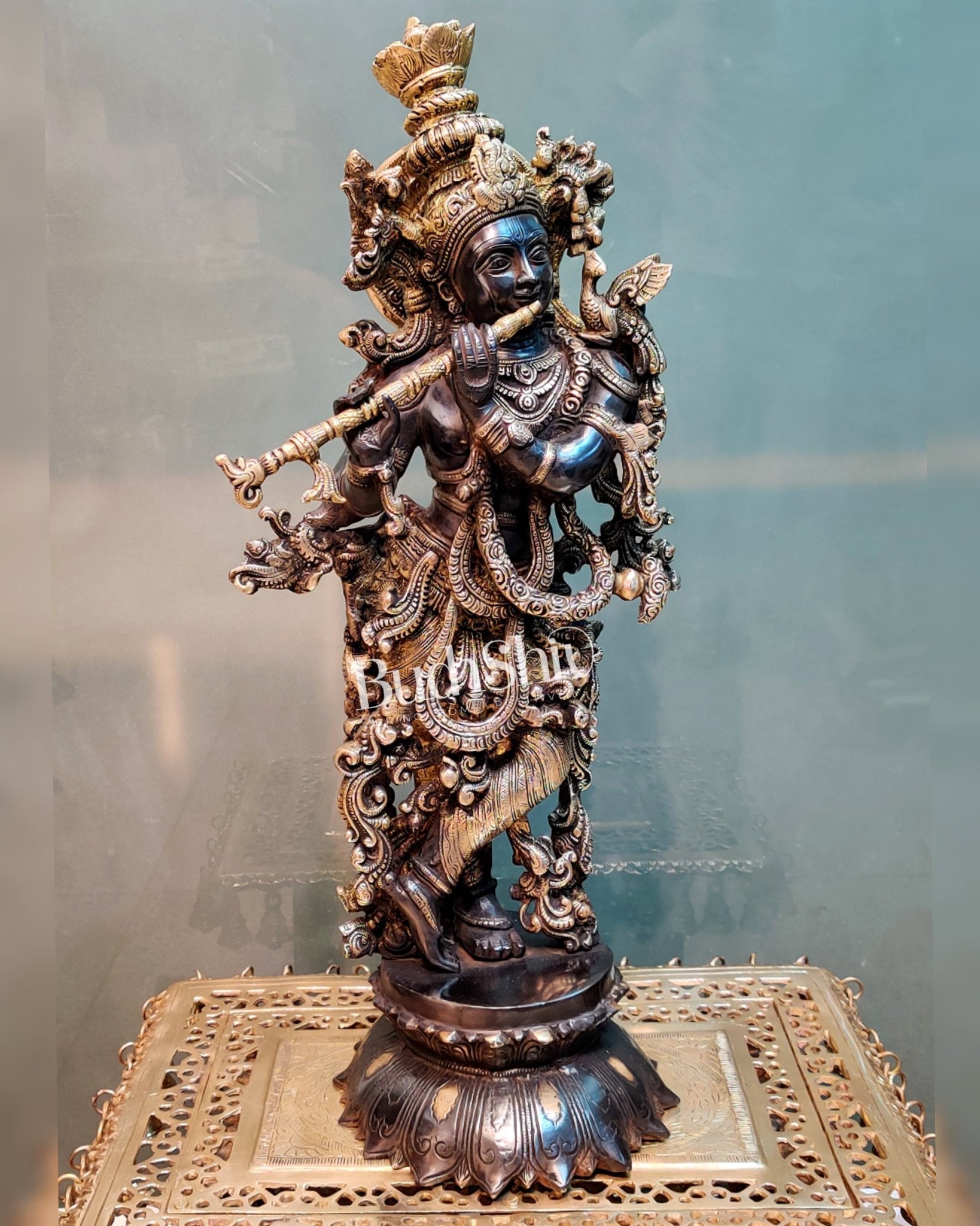 Brass krishna statue on lotus base 26" Black gold - Budhshiv.com