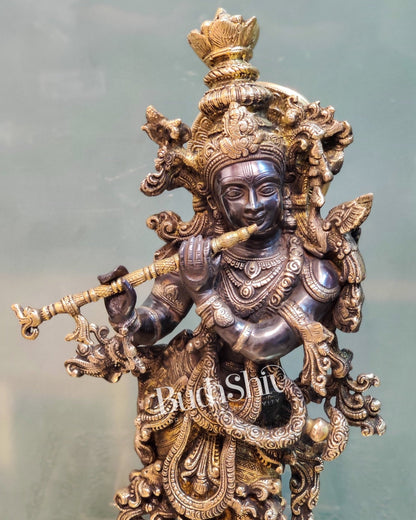 Brass krishna statue on lotus base 26" Black gold - Budhshiv.com