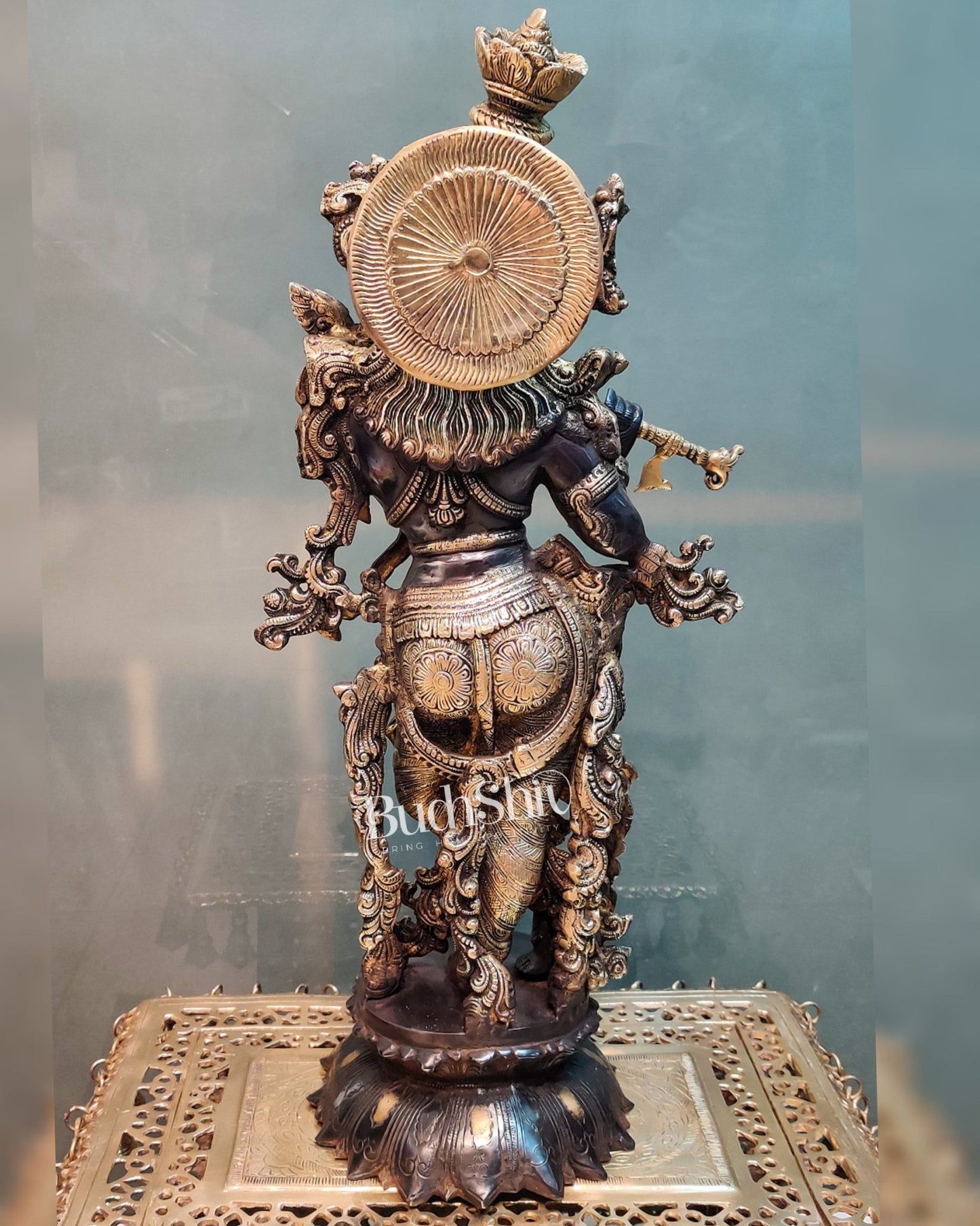 Brass krishna statue on lotus base 26" Black gold - Budhshiv.com