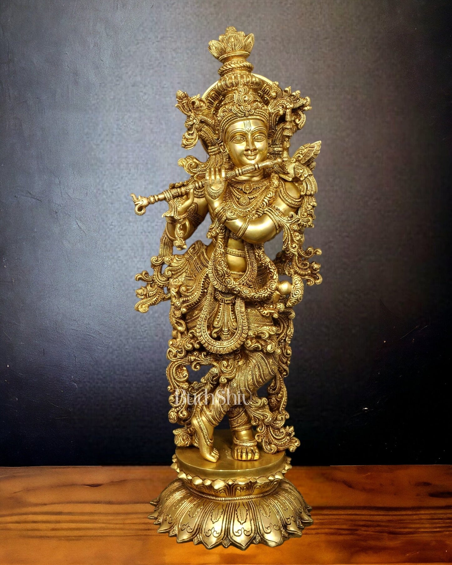 Brass Krishna Statue with Lotus Base | 27 Inches - Budhshiv.com