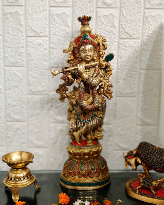 Brass Krishna studded with stones 21 " - Budhshiv.com