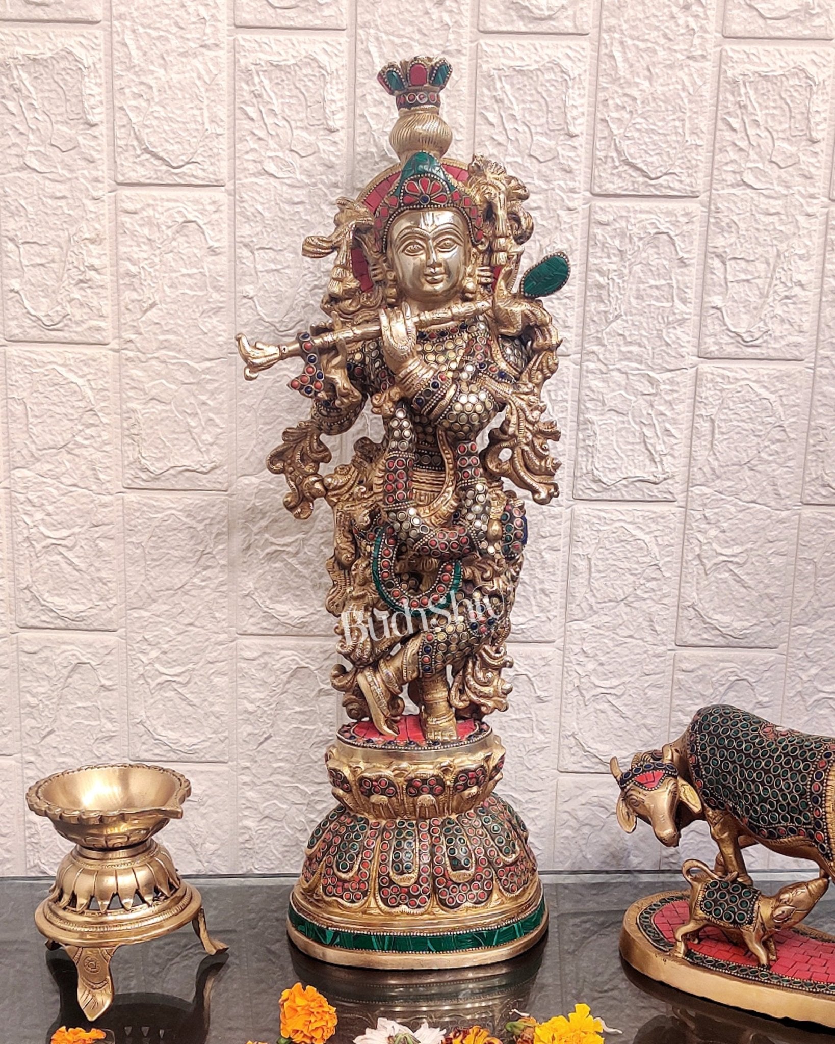 Brass Krishna studded with stones 21 " - Budhshiv.com