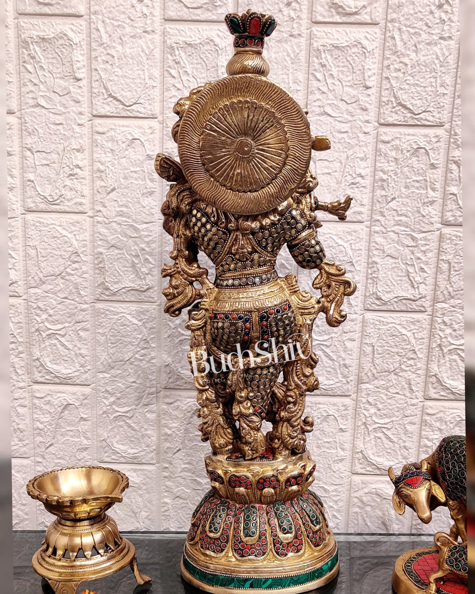 Brass Krishna studded with stones 21 " - Budhshiv.com