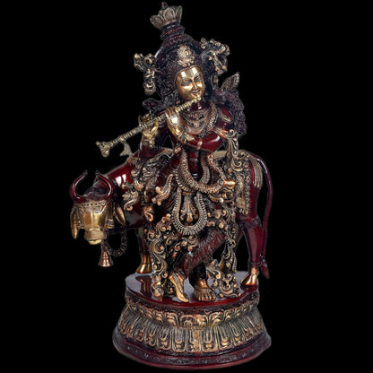 Brass Krishna With Cow 28" - Budhshiv.com