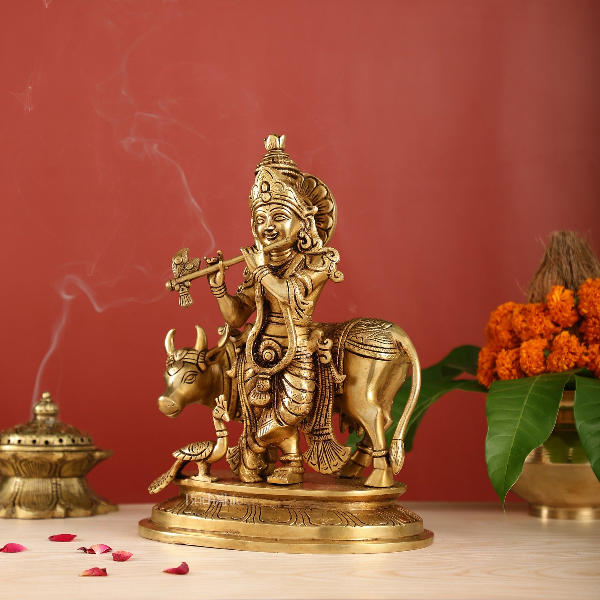 Brass Krishna with Cow and peacock idol 13" - Budhshiv.com