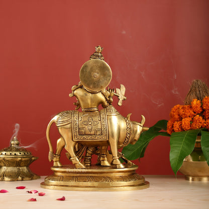 Brass Krishna with Cow and peacock idol 13" - Budhshiv.com