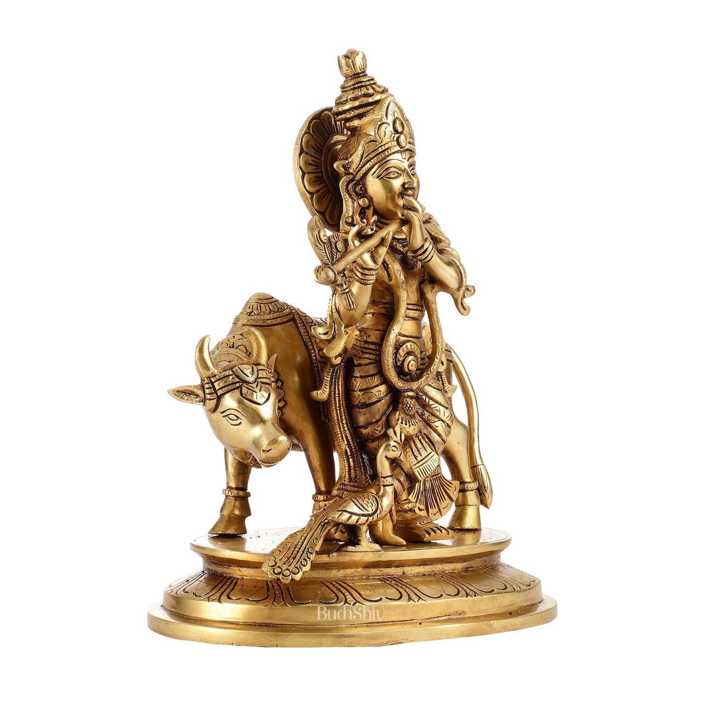 Brass Krishna with Cow and peacock idol 13" - Budhshiv.com