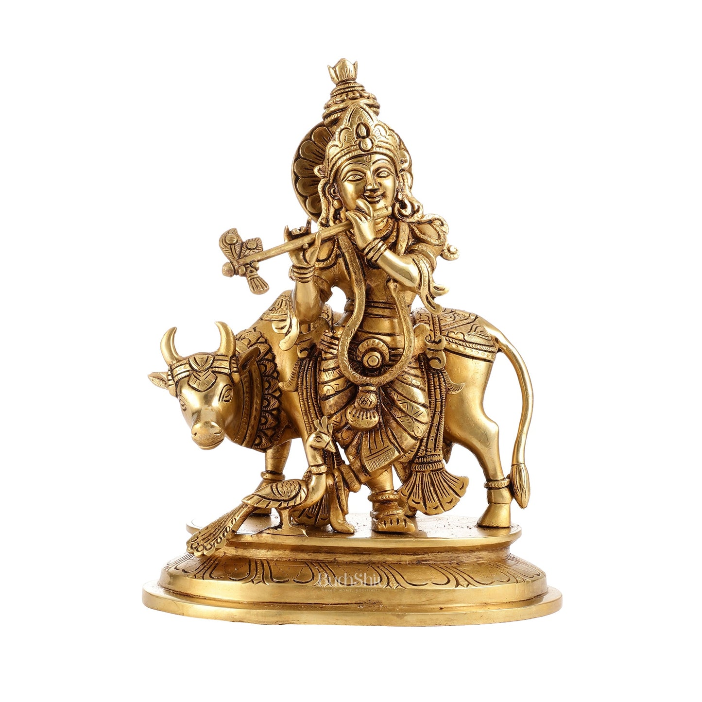 Brass Krishna with Cow and peacock idol 13" - Budhshiv.com