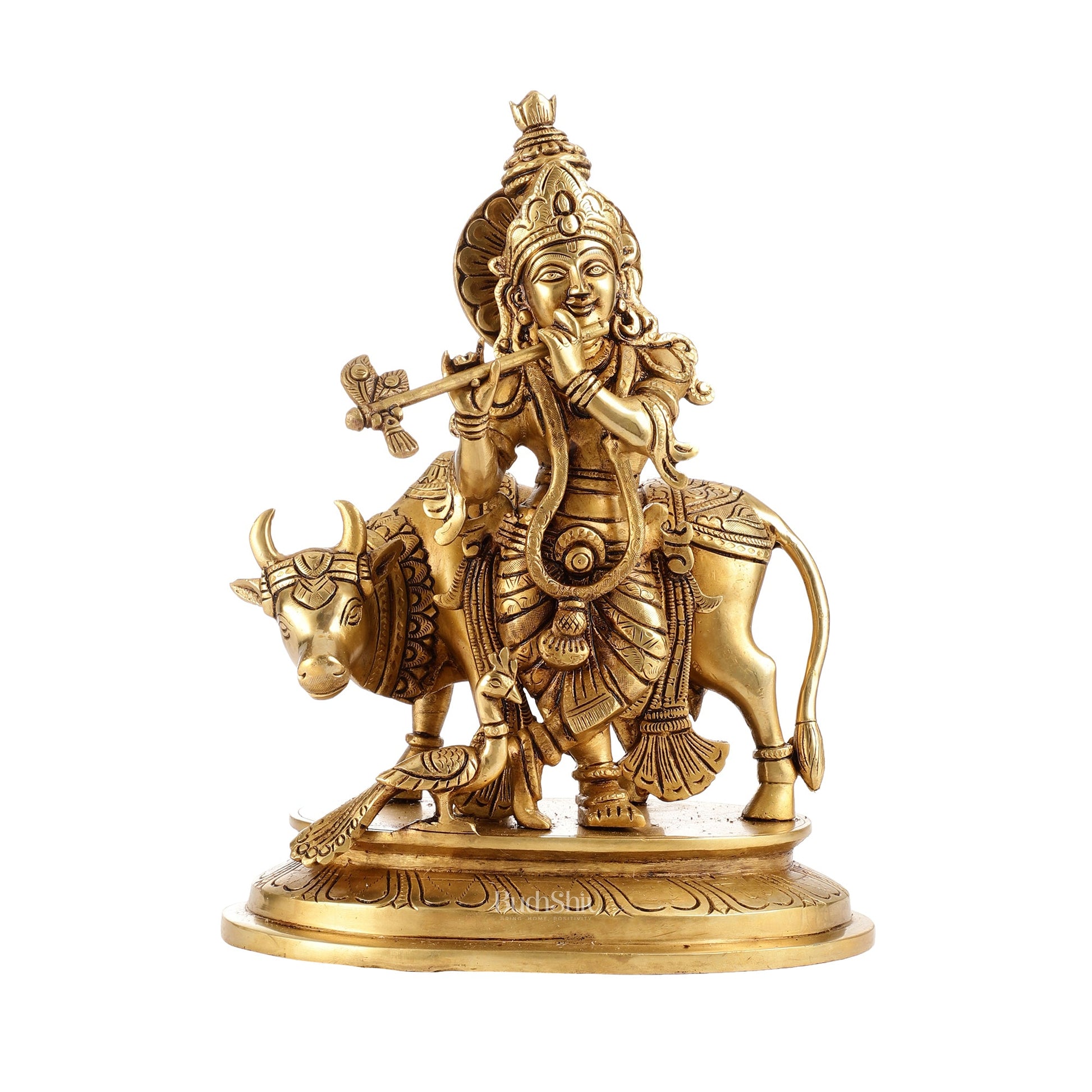 Brass Krishna with Cow and peacock idol 13" - Budhshiv.com