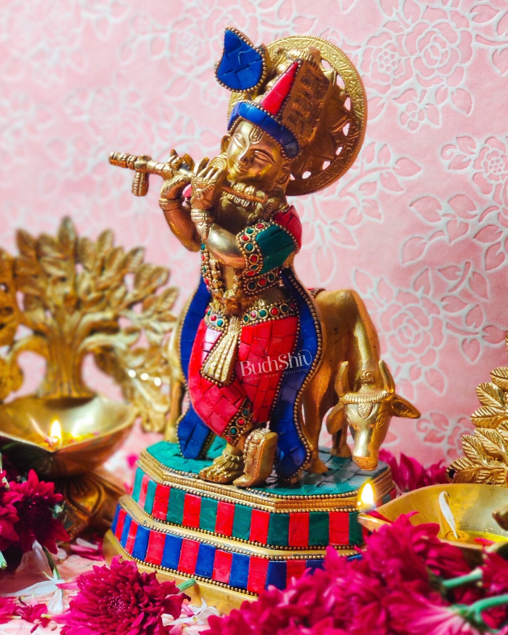 Brass krishna with cow idol 10 inch with stonework - Budhshiv.com