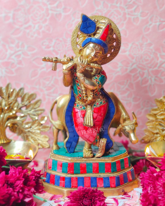 Brass krishna with cow idol 10 inch with stonework - Budhshiv.com