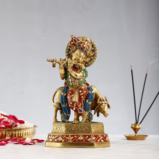 Brass krishna with cow idol 10 inch with stonework - Budhshiv.com