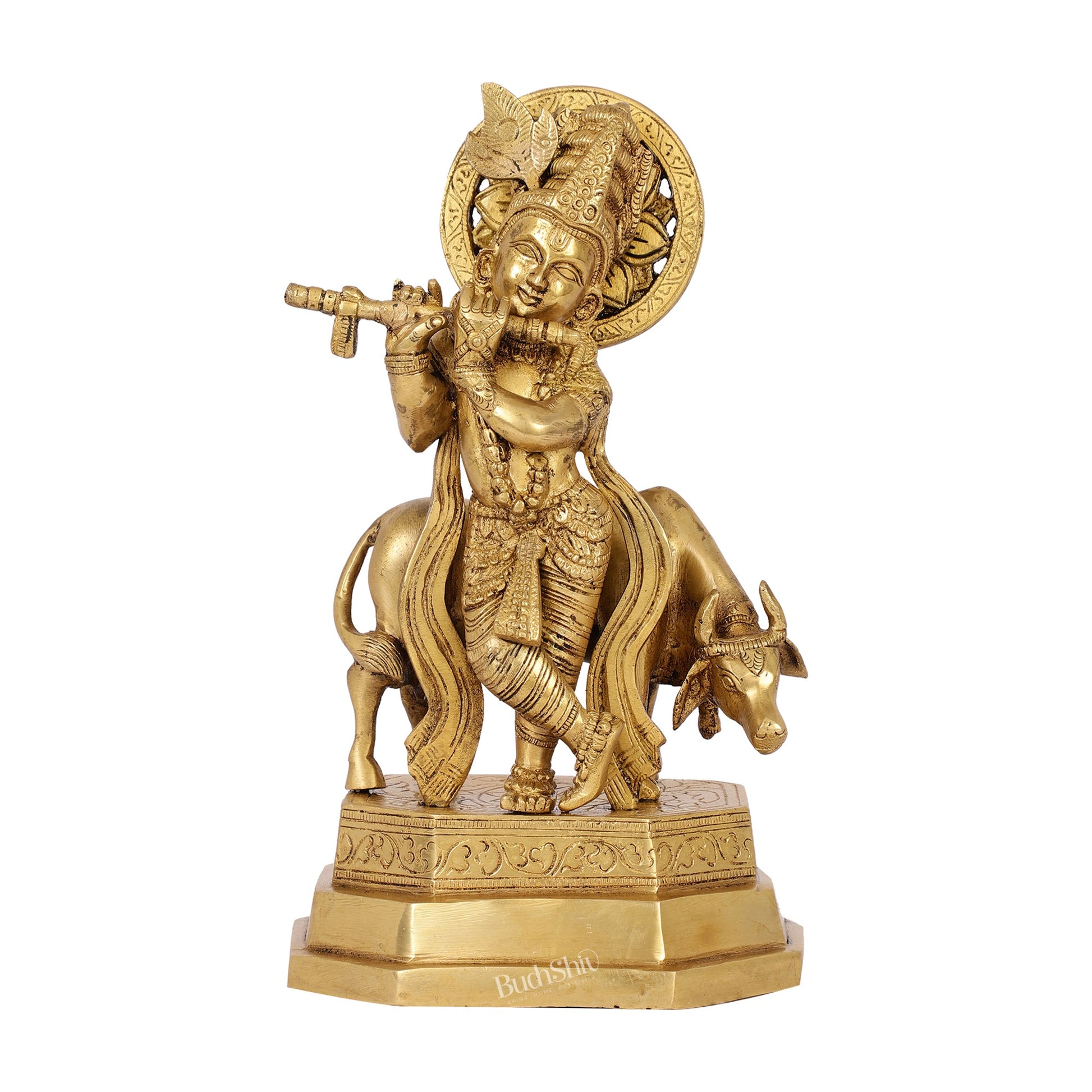 Brass Krishna with cow idol 10 inch - Budhshiv.com