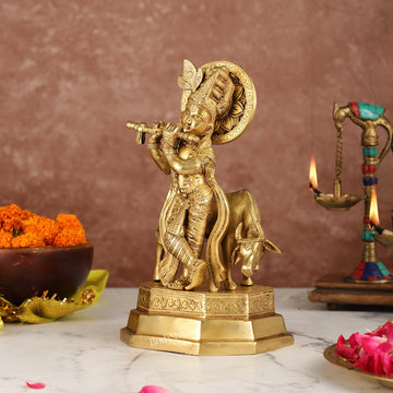 Brass Krishna with cow idol 10 inch - Budhshiv.com