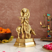 Brass Krishna with cow idol 10 inch - Budhshiv.com
