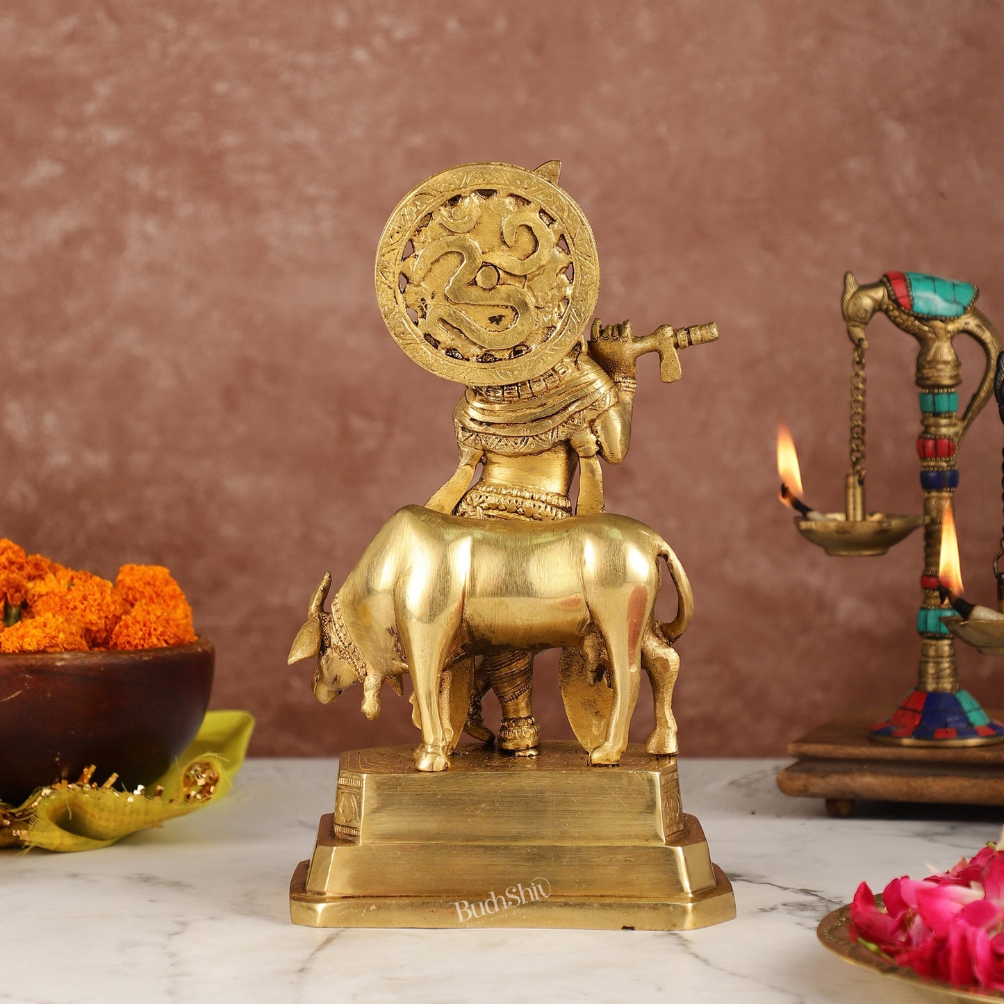 Brass Krishna with cow idol 10 inch - Budhshiv.com