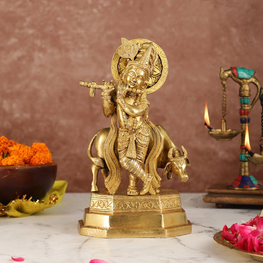 Brass Krishna with cow idol 10 inch - Budhshiv.com