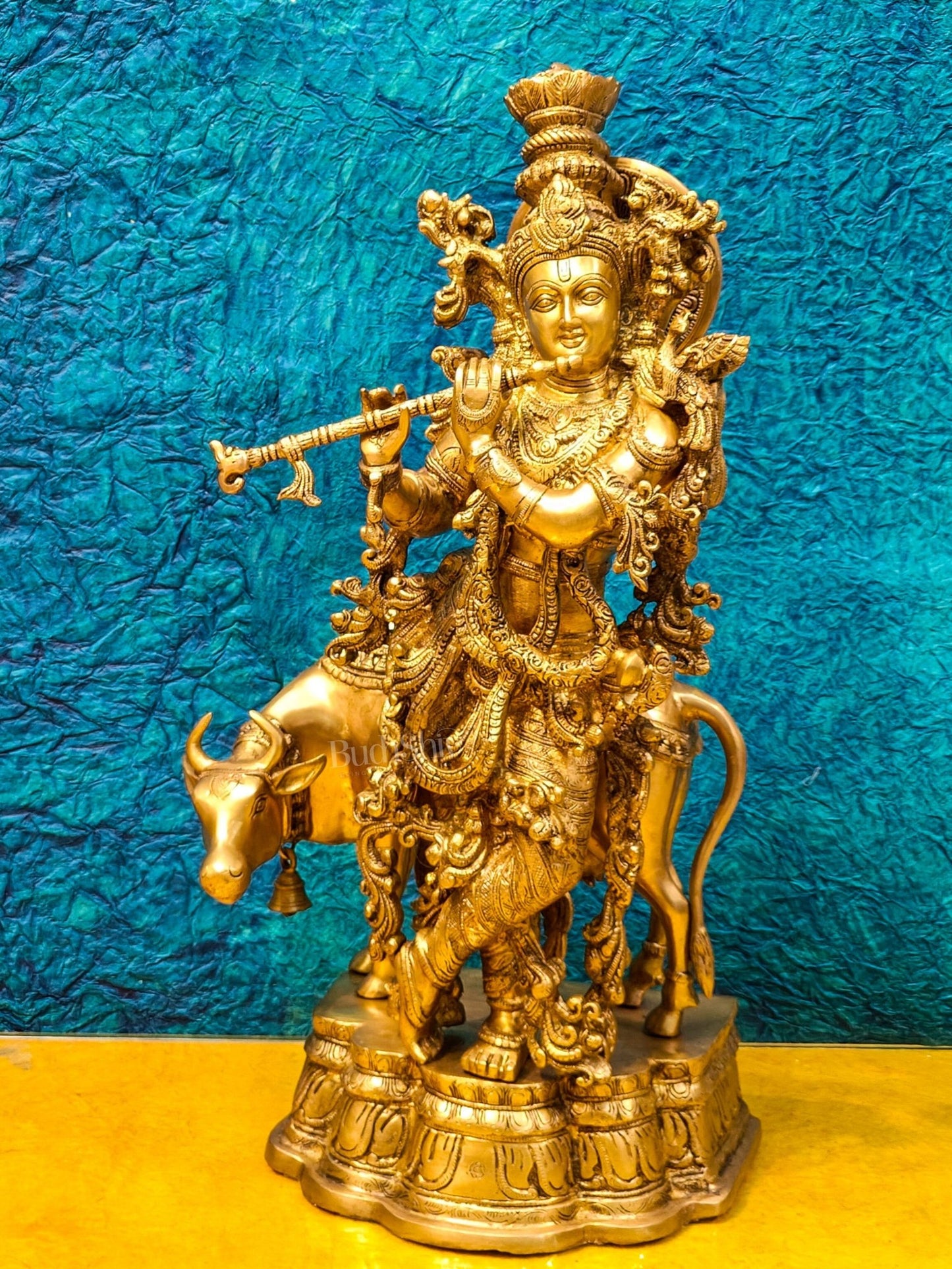 Brass Krishna with cow idol 26" - Budhshiv.com