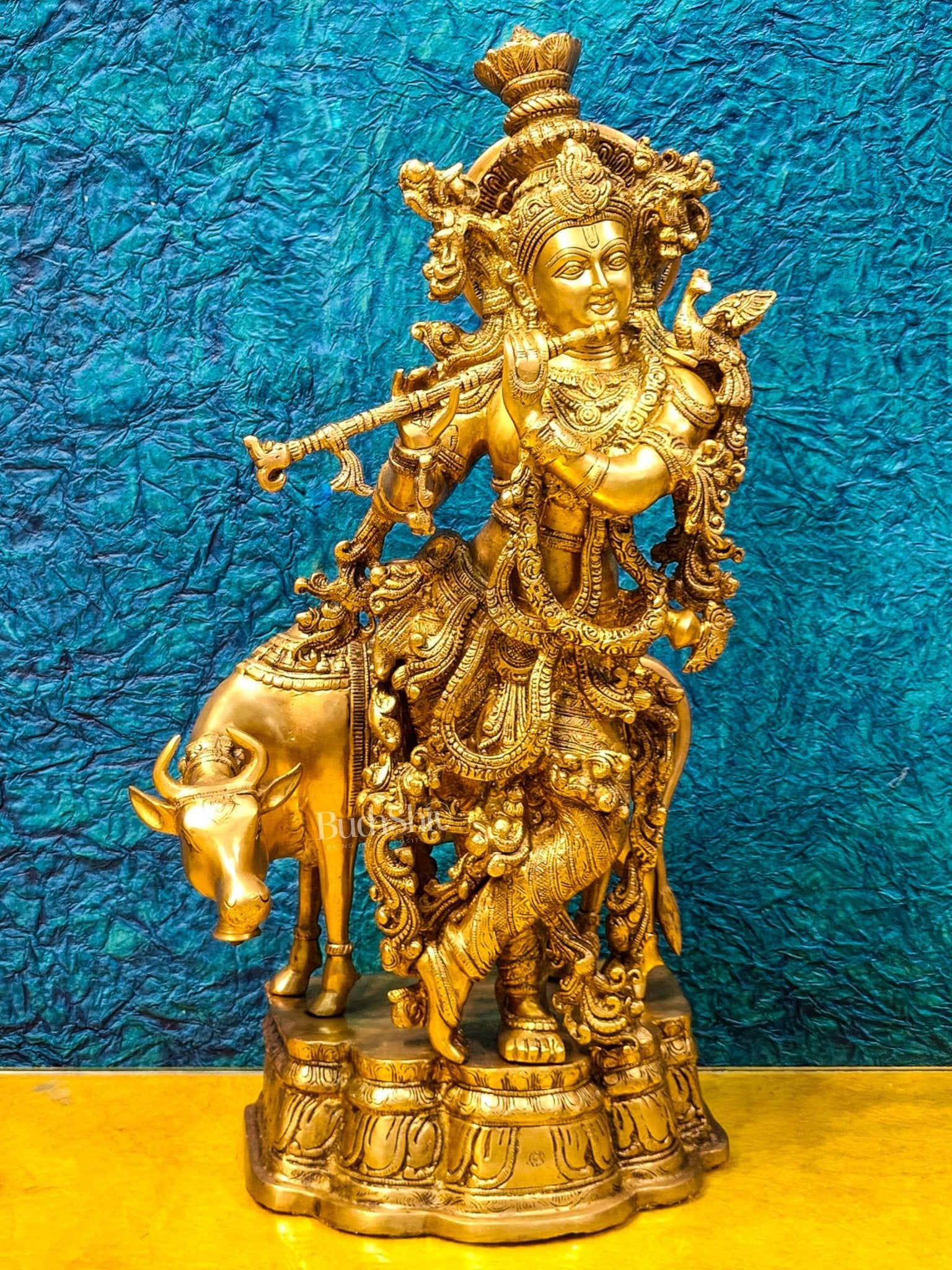 Brass Krishna with cow idol 26" - Budhshiv.com