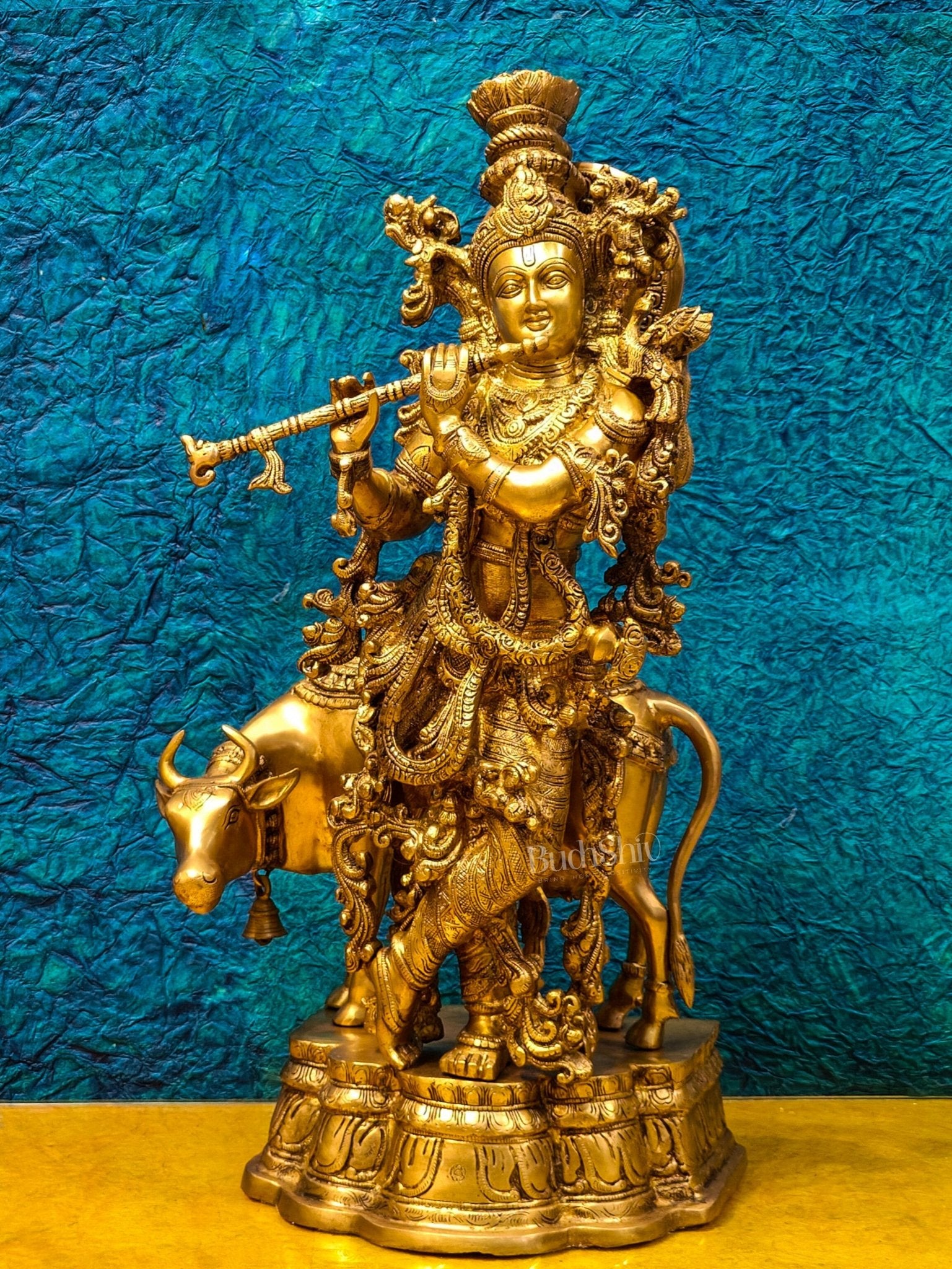 Brass Krishna with cow idol 26" - Budhshiv.com