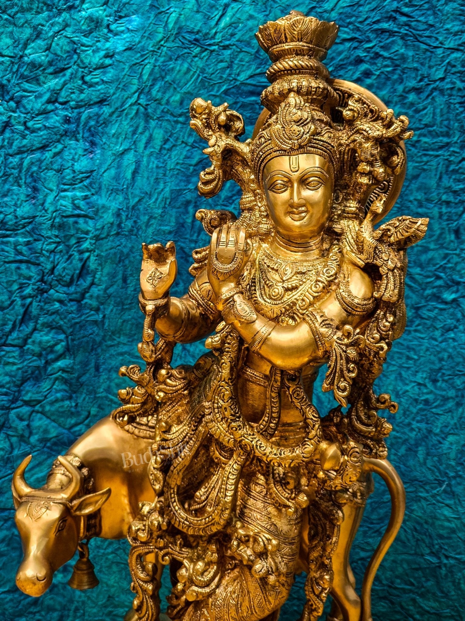 Brass Krishna with cow idol 26" - Budhshiv.com