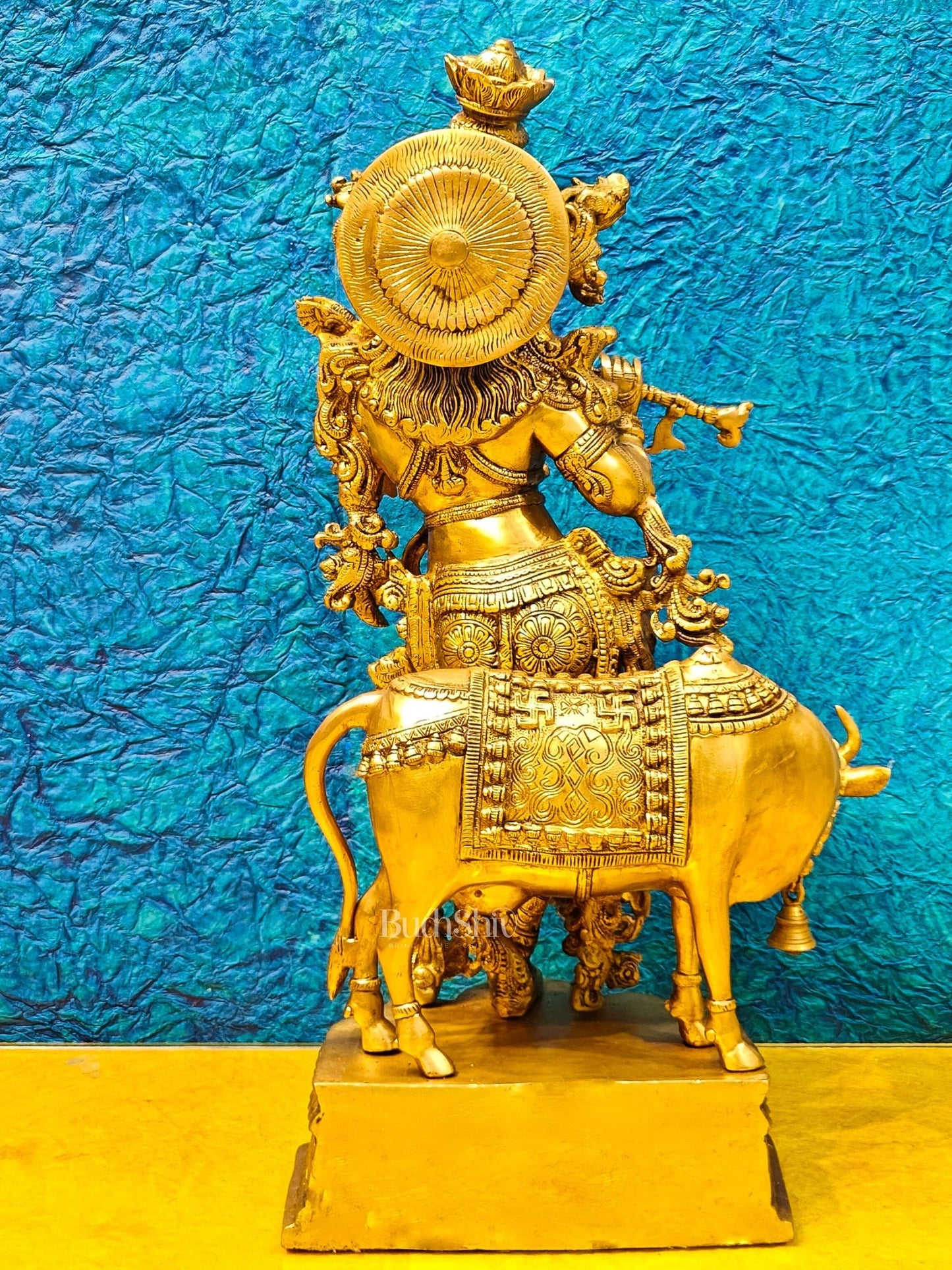 Brass Krishna with cow idol 26" - Budhshiv.com