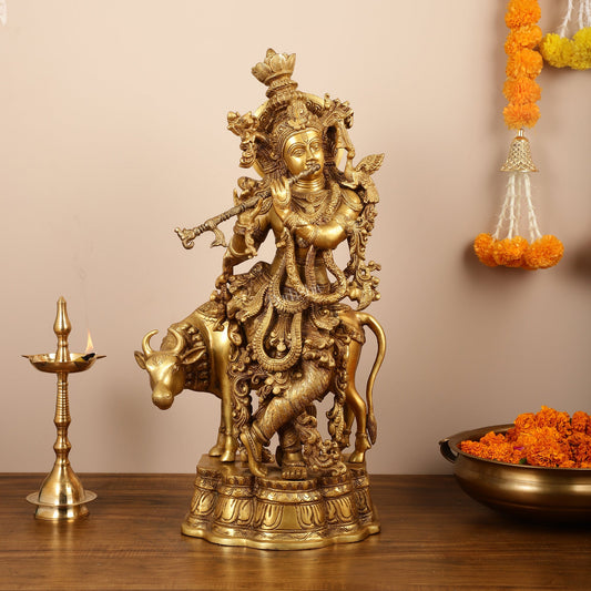 Brass Krishna with cow idol 26" - Budhshiv.com