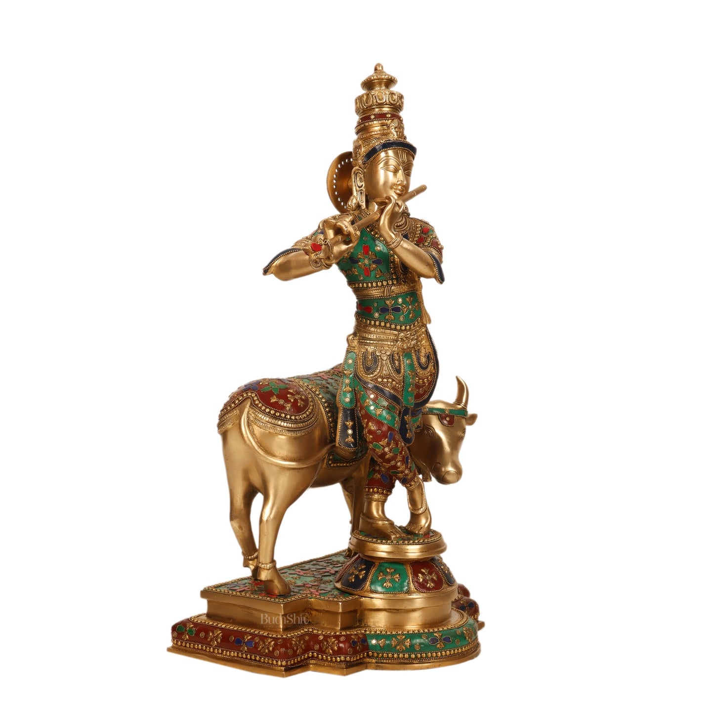 Brass Krishna With Cow statue with Meenakari Stonework - 25.5 inches - Budhshiv.com