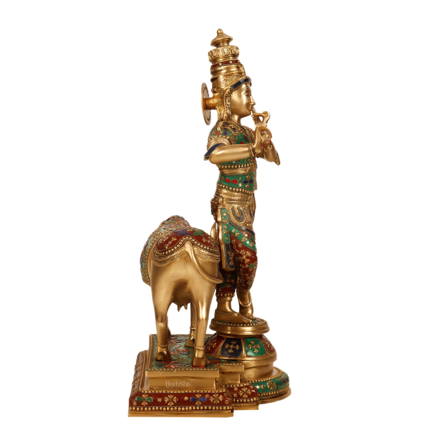 Brass Krishna With Cow statue with Meenakari Stonework - 25.5 inches - Budhshiv.com