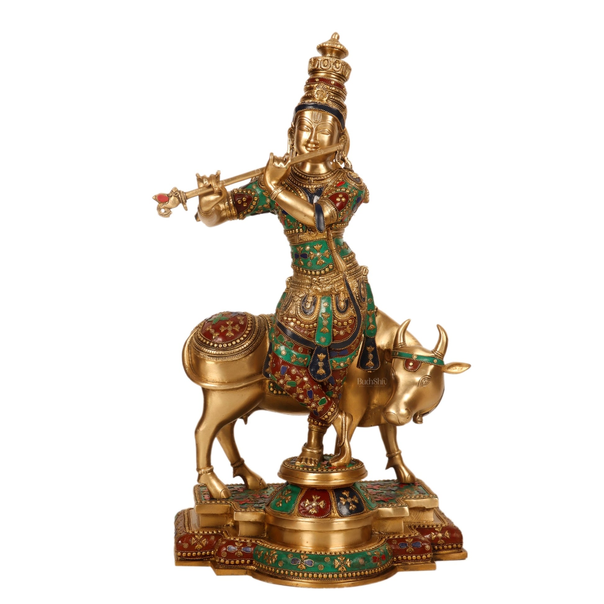 Brass Krishna With Cow statue with Meenakari Stonework - 25.5 inches - Budhshiv.com