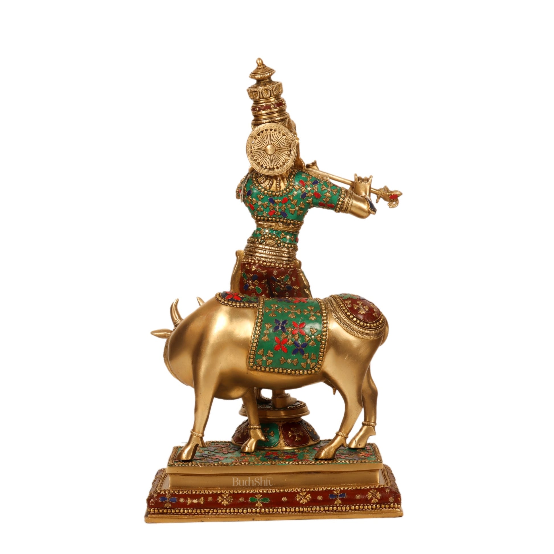 Brass Krishna With Cow statue with Meenakari Stonework - 25.5 inches - Budhshiv.com