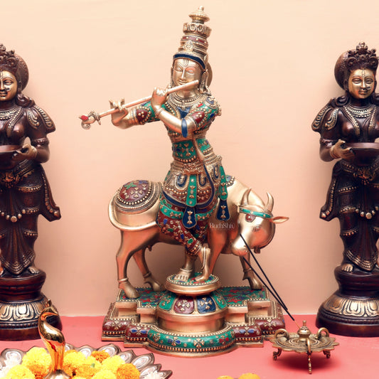 Brass Krishna With Cow statue with Meenakari Stonework - 25.5 inches - Budhshiv.com