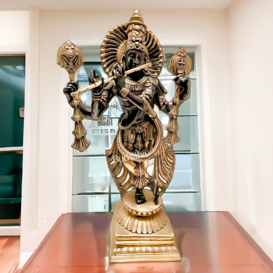 Brass Krishna with Four Arms - Vishnu Shankh, Chakra, and Flute - 31 Inch Statue - Budhshiv.com
