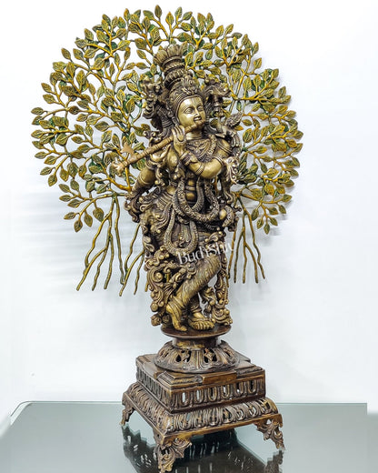 Brass Krishna with Kalpavriksha Superfine Brass Idol 36 inch - Budhshiv.com