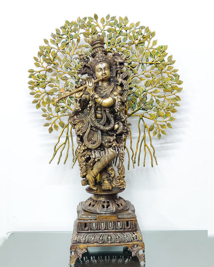 Brass Krishna with Kalpavriksha Superfine Brass Idol 36 inch - Budhshiv.com
