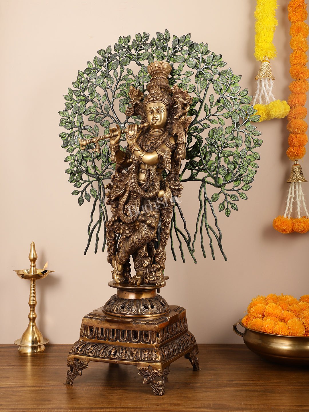 Brass Krishna with Kalpavriksha tree Superfine Idol 36 inch - Budhshiv.com