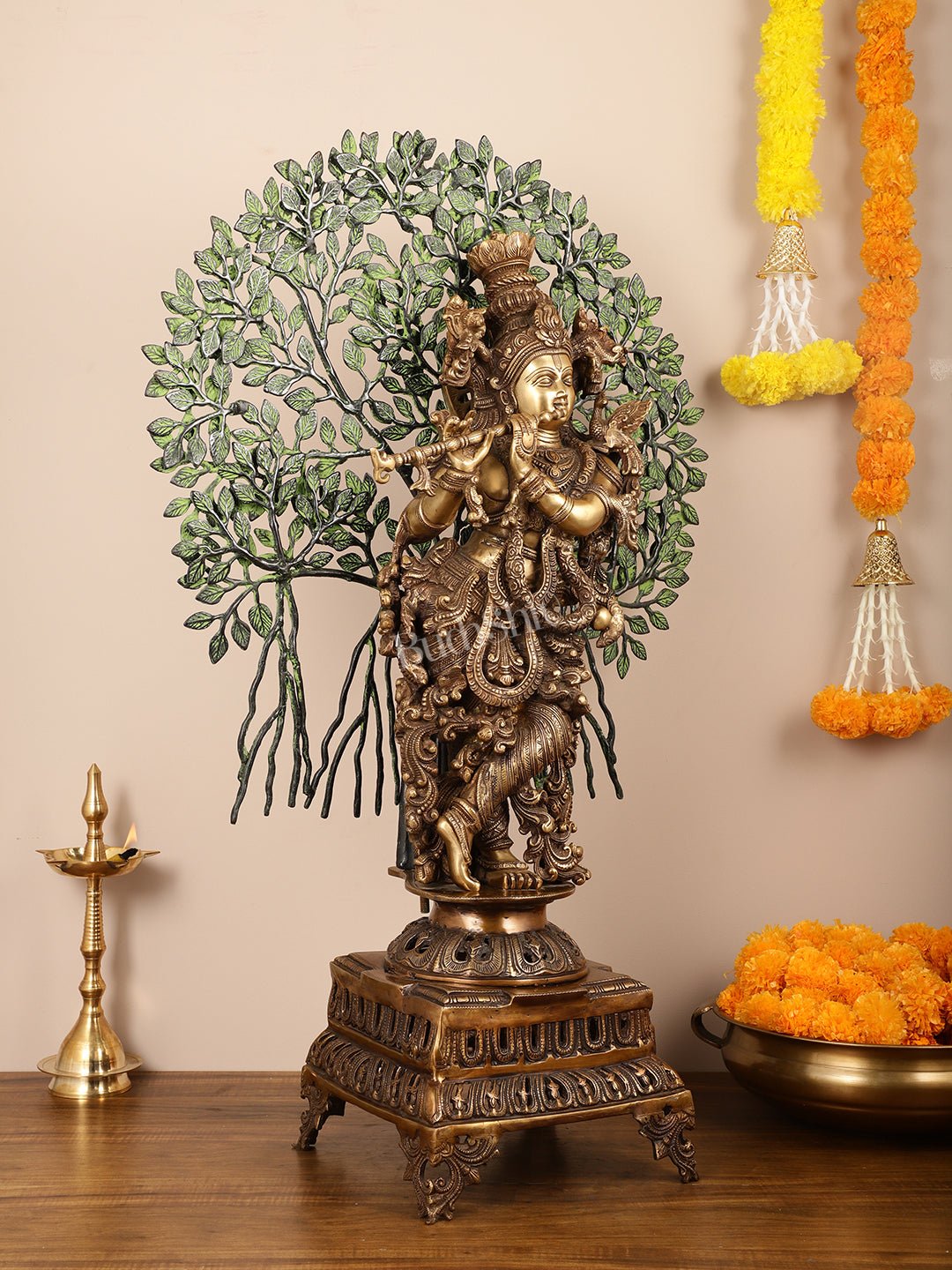 Brass Krishna with Kalpavriksha tree Superfine Idol 36 inch - Budhshiv.com