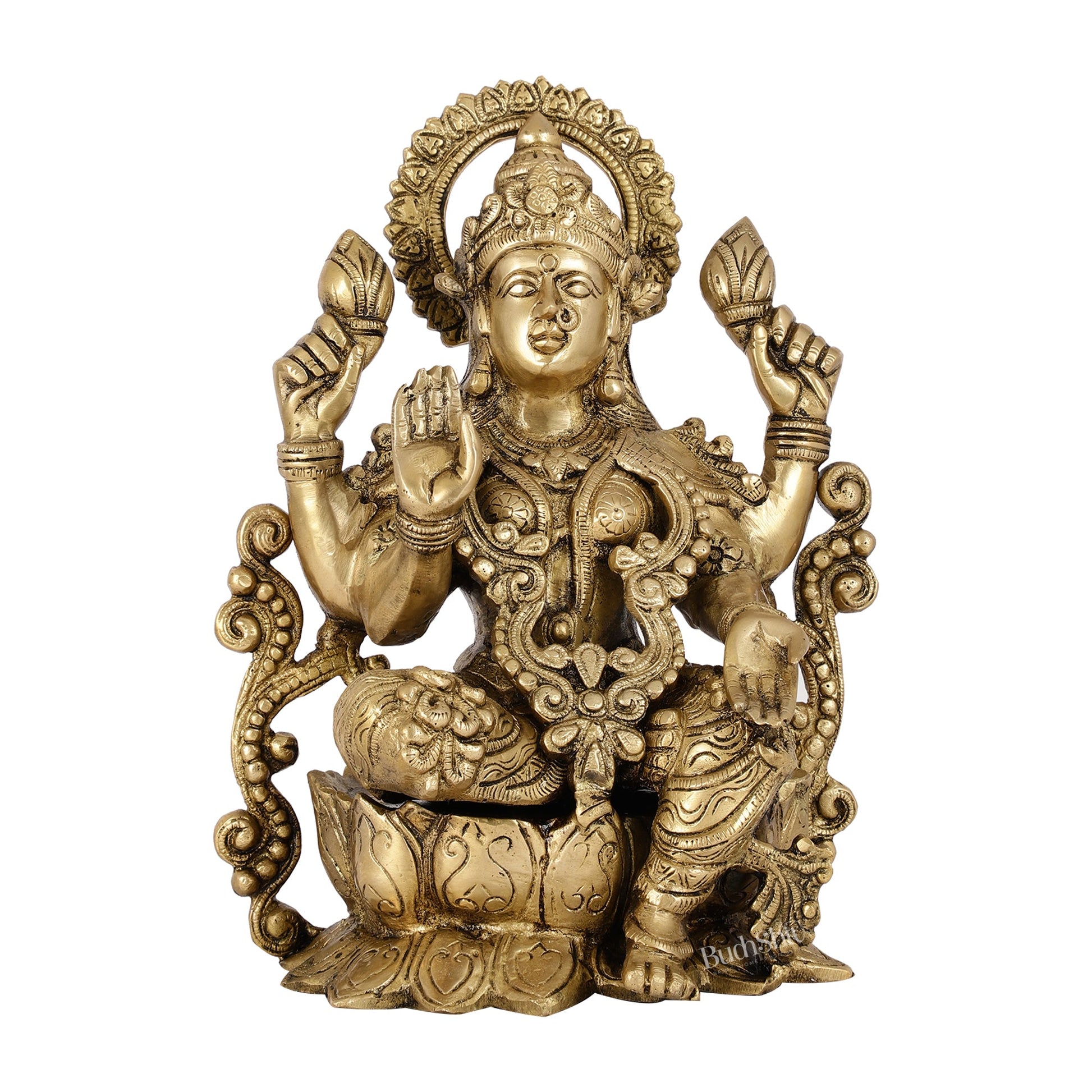 Brass Lakshmi Idol on Lotus | 12" Height | Divine Abundance - Budhshiv.com