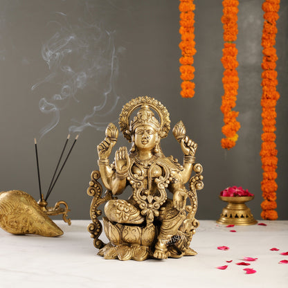 Brass Lakshmi Idol on Lotus | 12" Height | Divine Abundance - Budhshiv.com