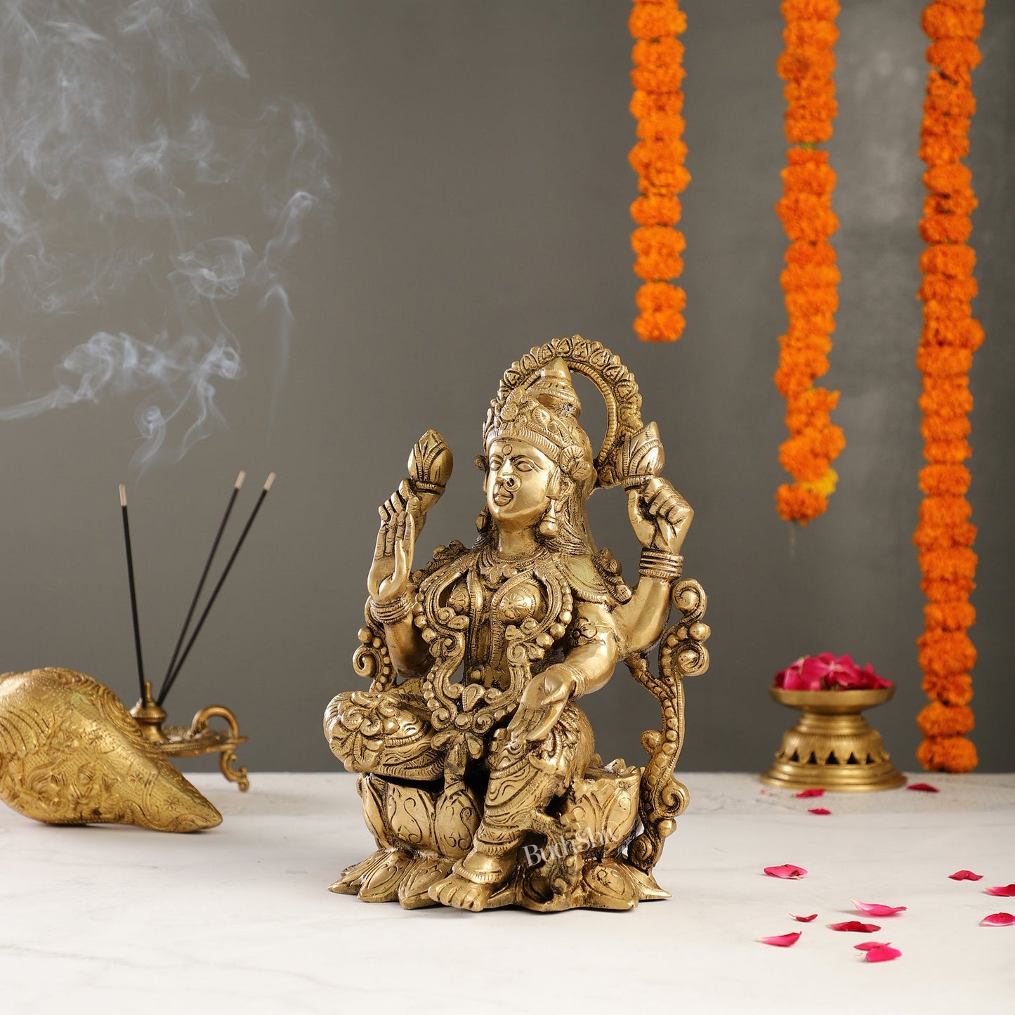 Brass Lakshmi Idol on Lotus | 12" Height | Divine Abundance - Budhshiv.com