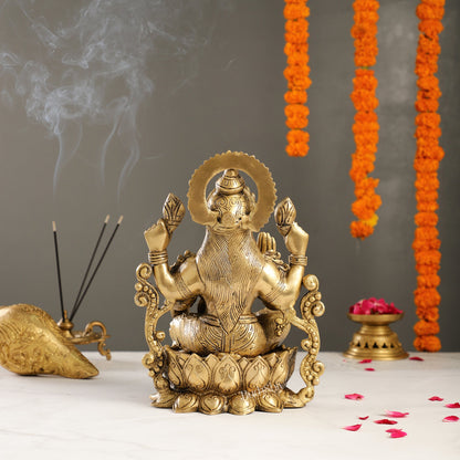 Brass Lakshmi Idol on Lotus | 12" Height | Divine Abundance - Budhshiv.com