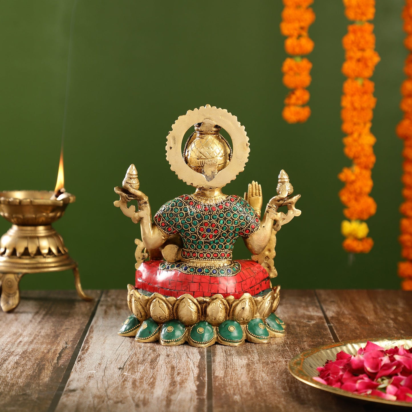 Brass Lakshmi Idol Seated on Lotus Base | 10.5" Height - Budhshiv.com