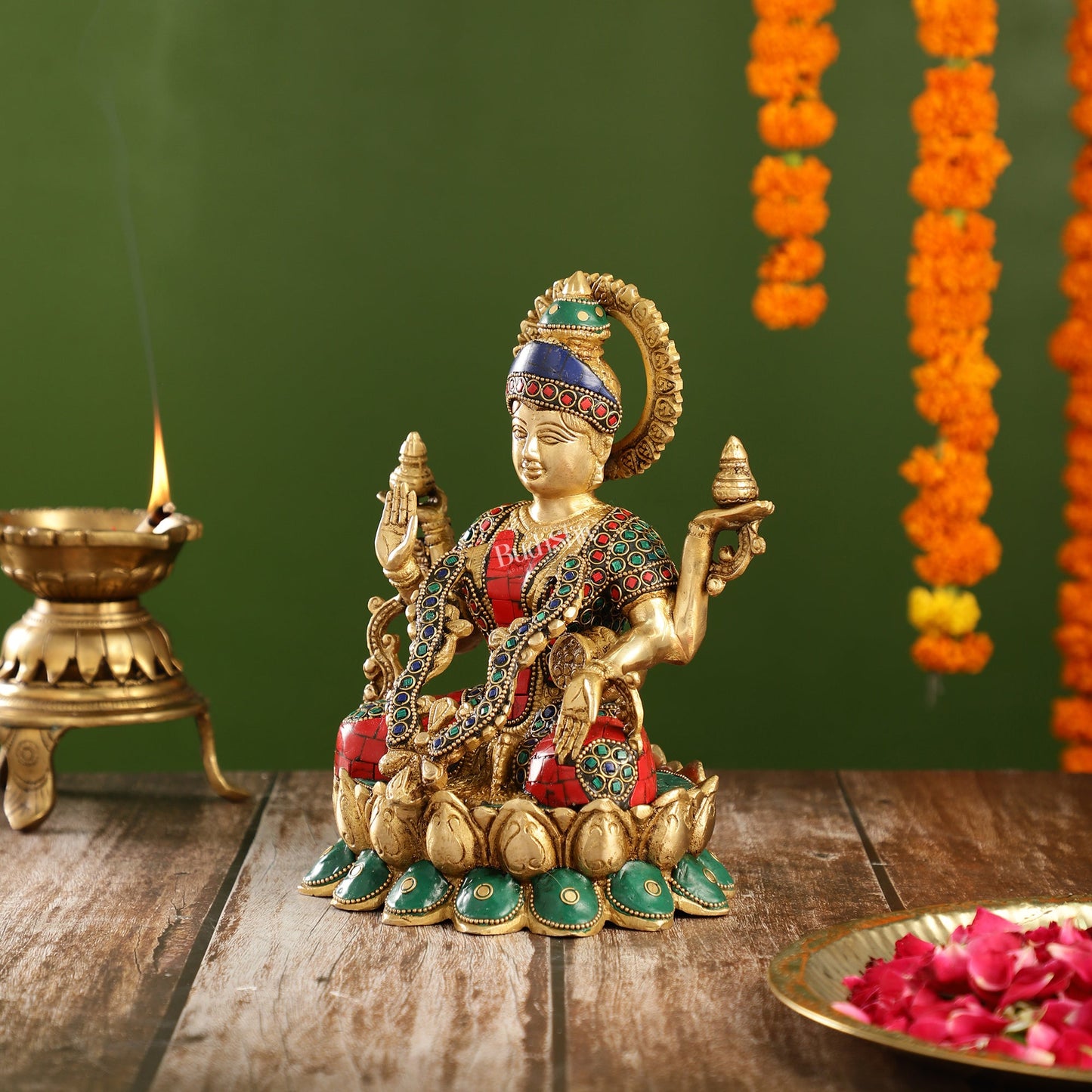 Brass Lakshmi Idol Seated on Lotus Base | 10.5" Height - Budhshiv.com